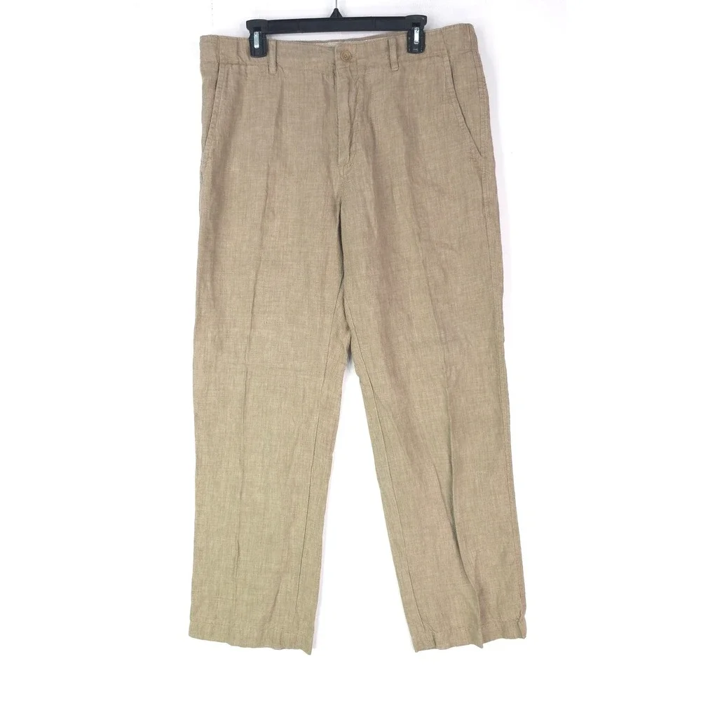 Banana Republic Mens 36X34 Fit 36X33 Tan 100% Linen Pants Flat Front Relaxed Fit